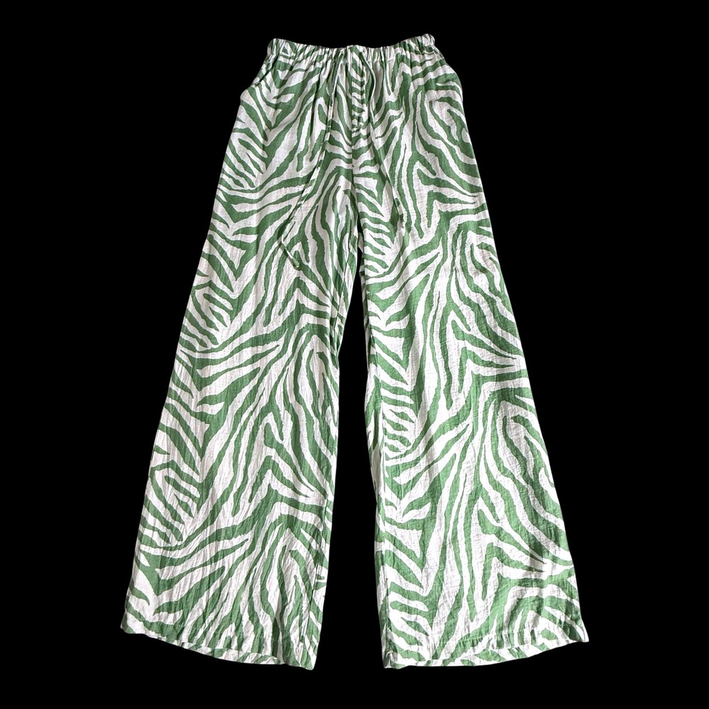 SHEIN Green Zebra Print Wide Leg Pants High Rise Elastic Waist Drawstring Size 6